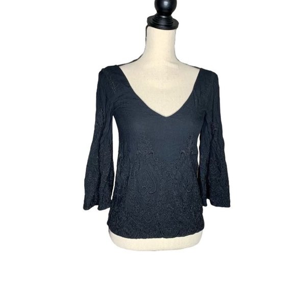 Rebecca Minkoff Black V-Neck Embroidered Wool Blend Blouse Women's Size S - Picture 7 of 7